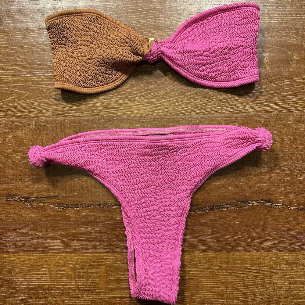 Cleonie Bikin Swim Suit S Pink Ribbed Textured Bandeau Triangle Skimpy Vacation